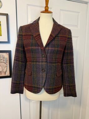 Womens Theory Plaid Wool Blend Blazer Jacket - Purple/Brown